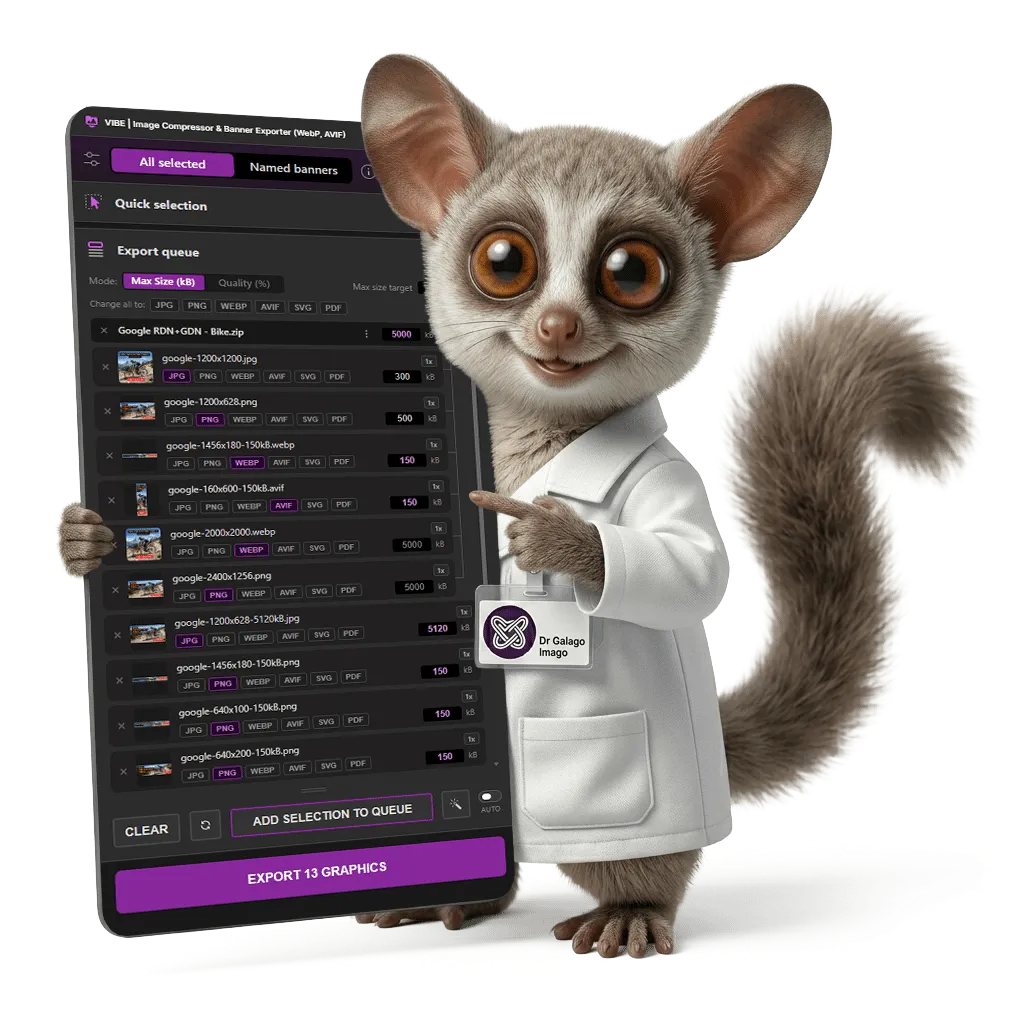 Dr Galago, the VIBE mascot, pointing at the VIBE export queue on a phone